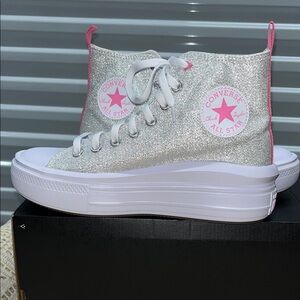 Converse Women's Silver Glitter High-Tops with Pink Accents US6